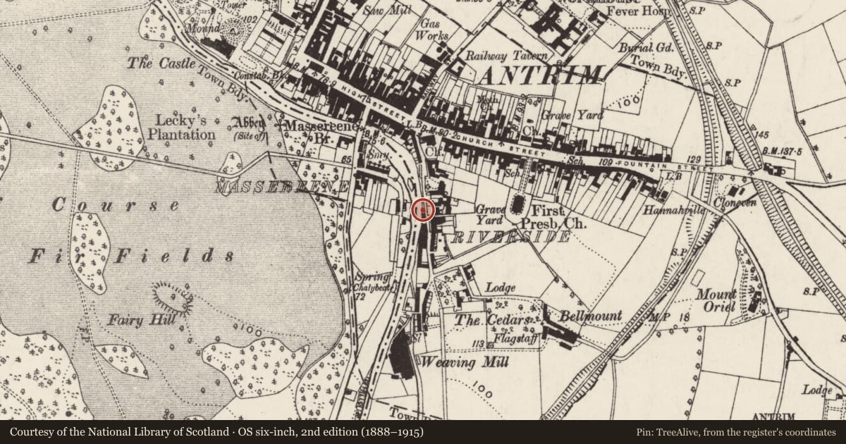 Ordnance Survey six-inch map, 2nd edition (1888–1915) covering the location of 18 Riverside, Town Parks, Antrim and Newtownabbey, with a pin at the register's coordinates