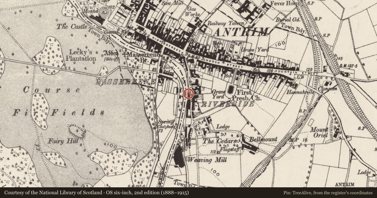Ordnance Survey six-inch map, 2nd edition (1888–1915) covering the location of 20 Riverside, Town Parks, Antrim and Newtownabbey, with a pin at the register's coordinates