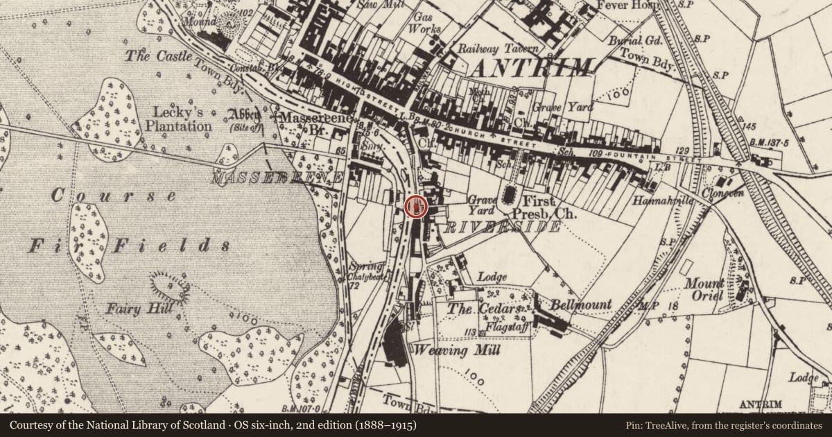 Ordnance Survey six-inch map, 2nd edition (1888–1915) covering the location of 22 Riverside, Town Parks, Antrim and Newtownabbey, with a pin at the register's coordinates