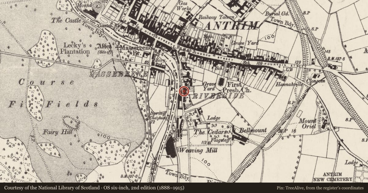 Ordnance Survey six-inch map, 2nd edition (1888–1915) covering the location of 19-27 Riverside, Town Parks, Antrim and Newtownabbey, with a pin at the register's coordinates