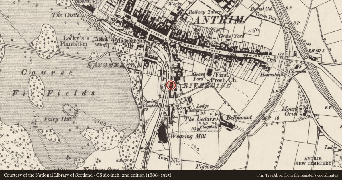 Ordnance Survey six-inch map, 2nd edition (1888–1915) covering the location of 28-32 Riverside, Town Parks, Antrim and Newtownabbey, with a pin at the register's coordinates