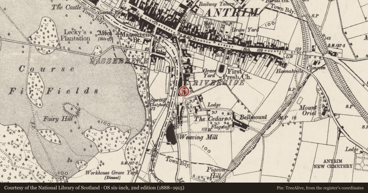 Ordnance Survey six-inch map, 2nd edition (1888–1915) covering the location of 41-49 Riverside, Town Parks, Antrim and Newtownabbey, with a pin at the register's coordinates