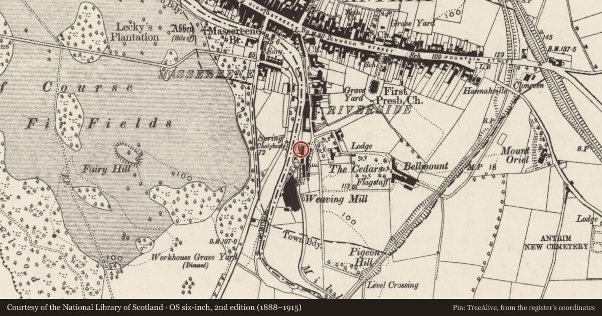 Ordnance Survey six-inch map, 2nd edition (1888–1915) covering the location of 60-64 Riverside, Town Parks, Antrim and Newtownabbey, with a pin at the register's coordinates
