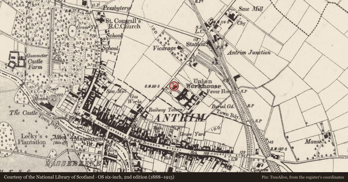 Ordnance Survey six-inch map, 2nd edition (1888–1915) covering the location of Former workhouse, Town Parks, Antrim and Newtownabbey, with a pin at the register's coordinates