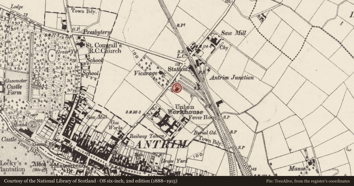 Ordnance Survey six-inch map, 2nd edition (1888–1915) covering the location of 34 Station Road, Town Parks, Antrim and Newtownabbey, with a pin at the register's coordinates
