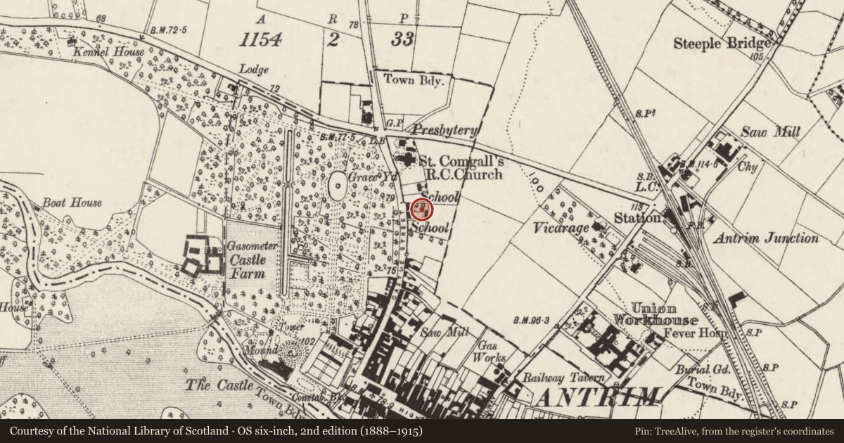 Ordnance Survey six-inch map, 2nd edition (1888–1915) covering the location of Former School House, Town Parks, Antrim and Newtownabbey, with a pin at the register's coordinates