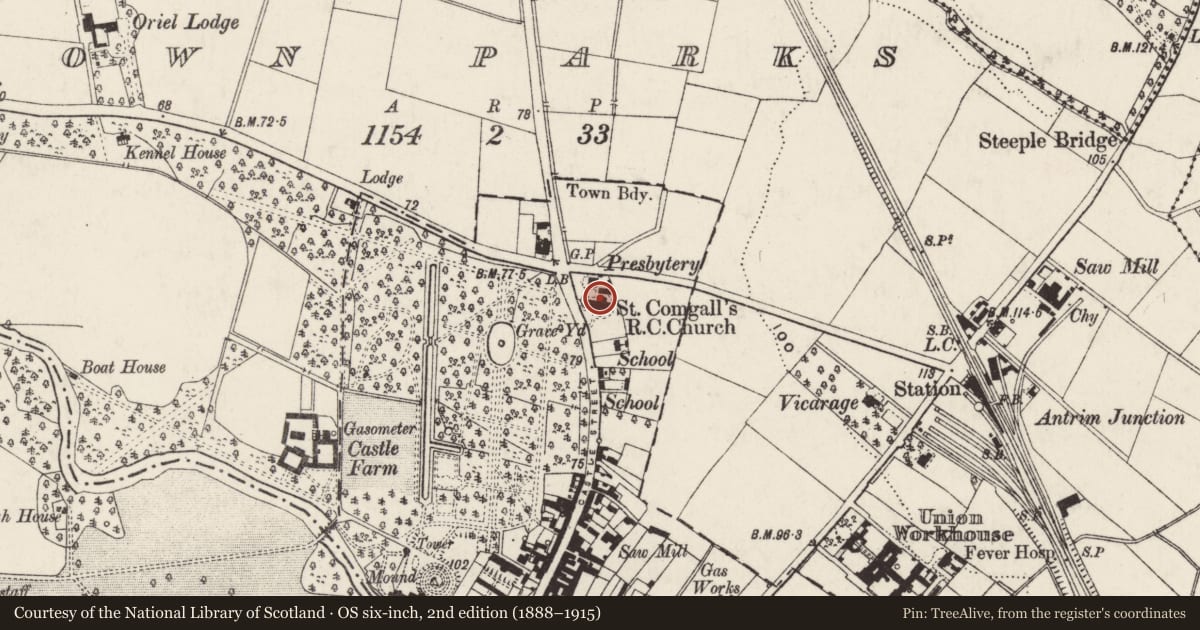 Ordnance Survey six-inch map, 2nd edition (1888–1915) covering the location of St Comgall's Church, Castle Street, Antrim, Town Parks, Antrim and Newtownabbey, with a pin at the register's coordinates