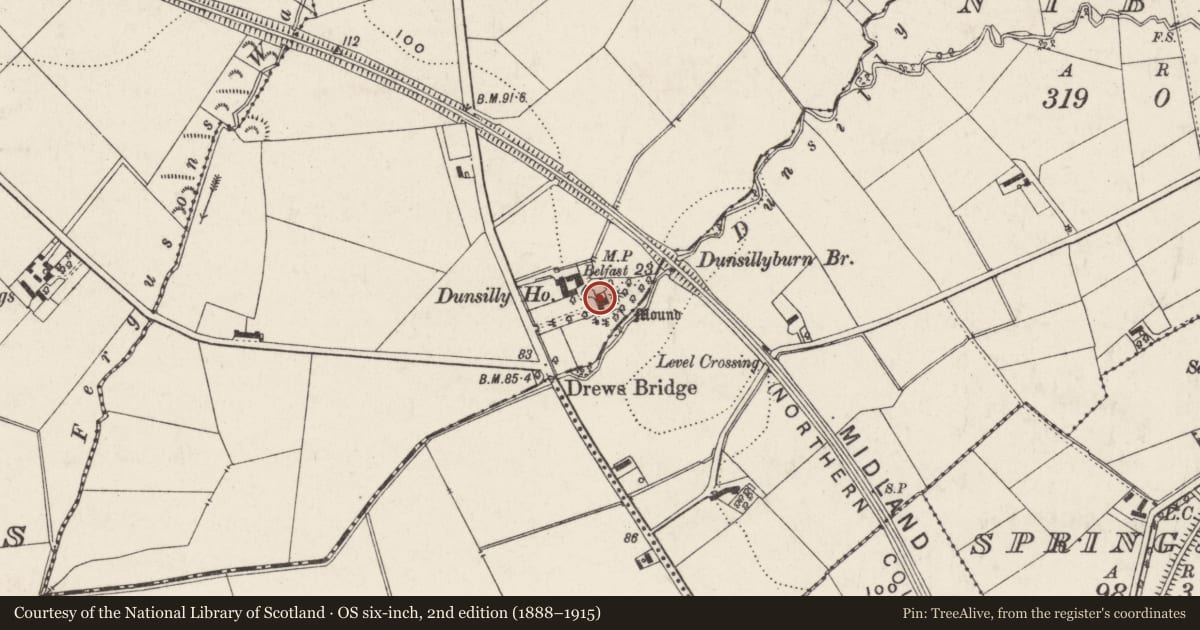 Ordnance Survey six-inch map, 2nd edition (1888–1915) covering the location of Dunsilly House, Antrim and Newtownabbey, with a pin at the register's coordinates