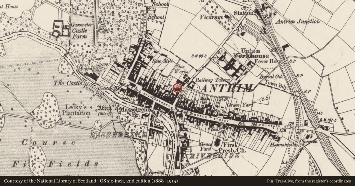 Ordnance Survey six-inch map, 2nd edition (1888–1915) covering the location of Protestant Hall, Town Parks, Antrim and Newtownabbey, with a pin at the register's coordinates