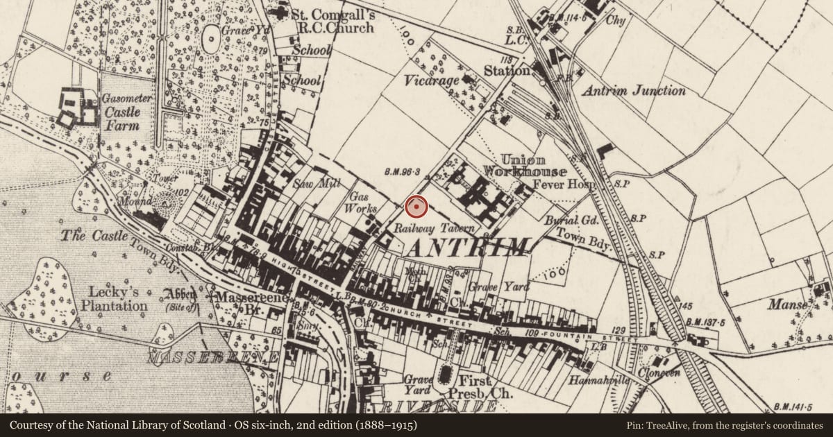 Ordnance Survey six-inch map, 2nd edition (1888–1915) covering the location of Technical School, Town Parks, Antrim and Newtownabbey, with a pin at the register's coordinates
