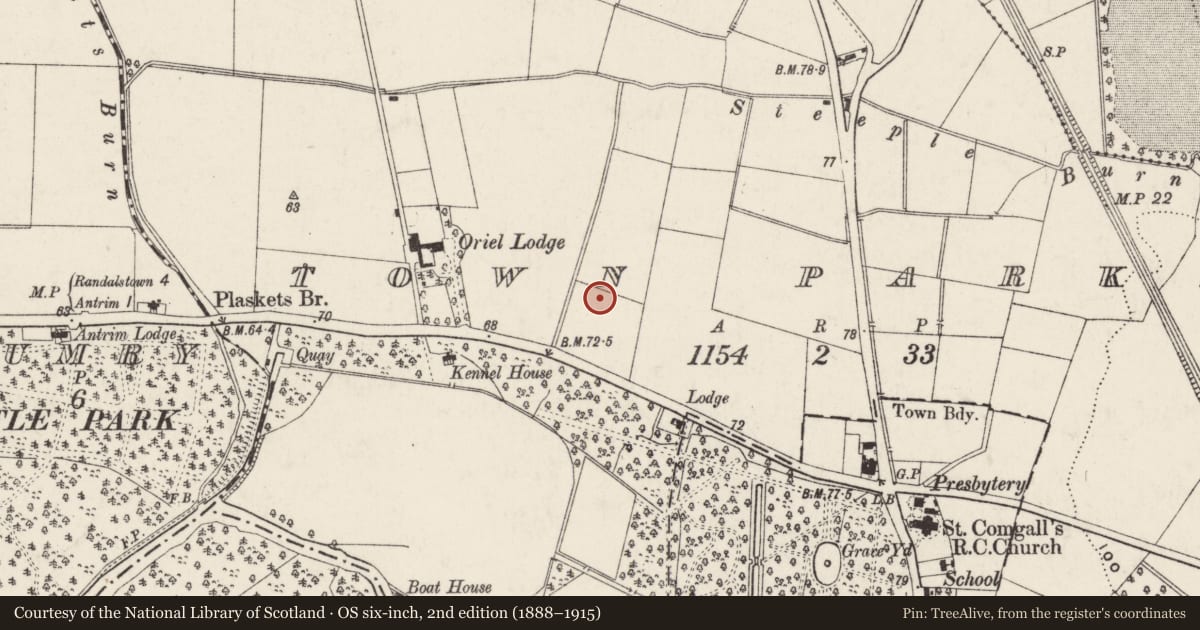 Ordnance Survey six-inch map, 2nd edition (1888–1915) covering the location of Housing estate at Coral Crescent etc, Town Parks, Antrim and Newtownabbey, with a pin at the register's coordinates
