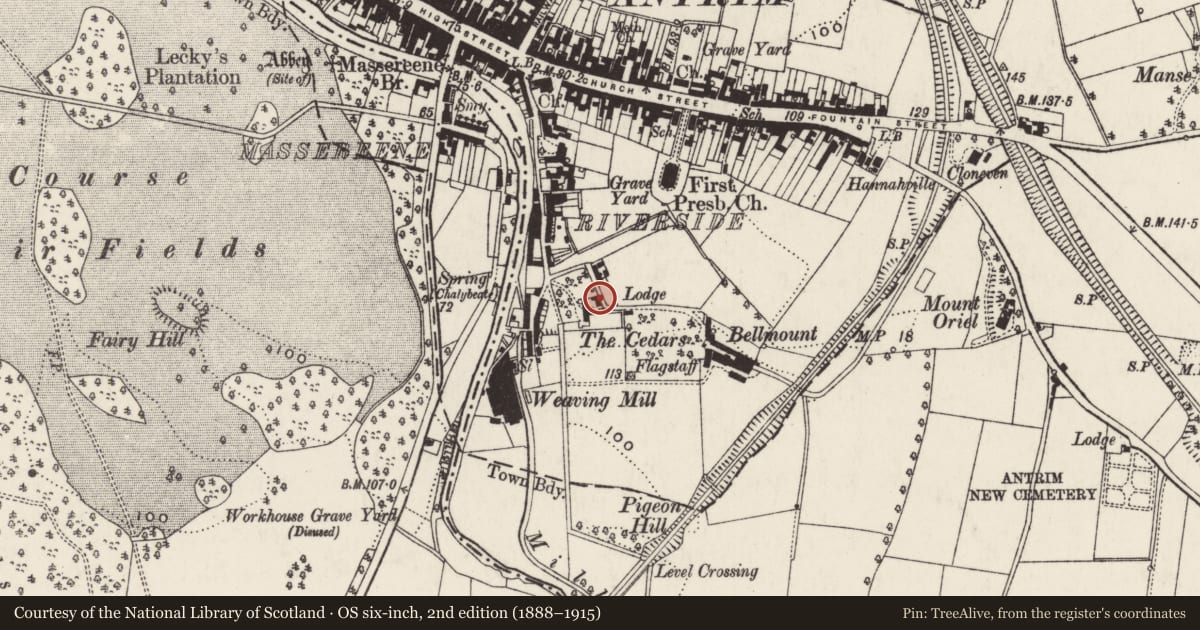 Ordnance Survey six-inch map, 2nd edition (1888–1915) covering the location of The Cedars 51B Riverside Antrim BT41 4BL, Townparks, Antrim and Newtownabbey, with a pin at the register's coordinates