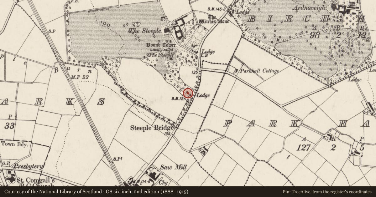 Ordnance Survey six-inch map, 2nd edition (1888–1915) covering the location of Gate Lodge, Steeple, Antrim and Newtownabbey, with a pin at the register's coordinates