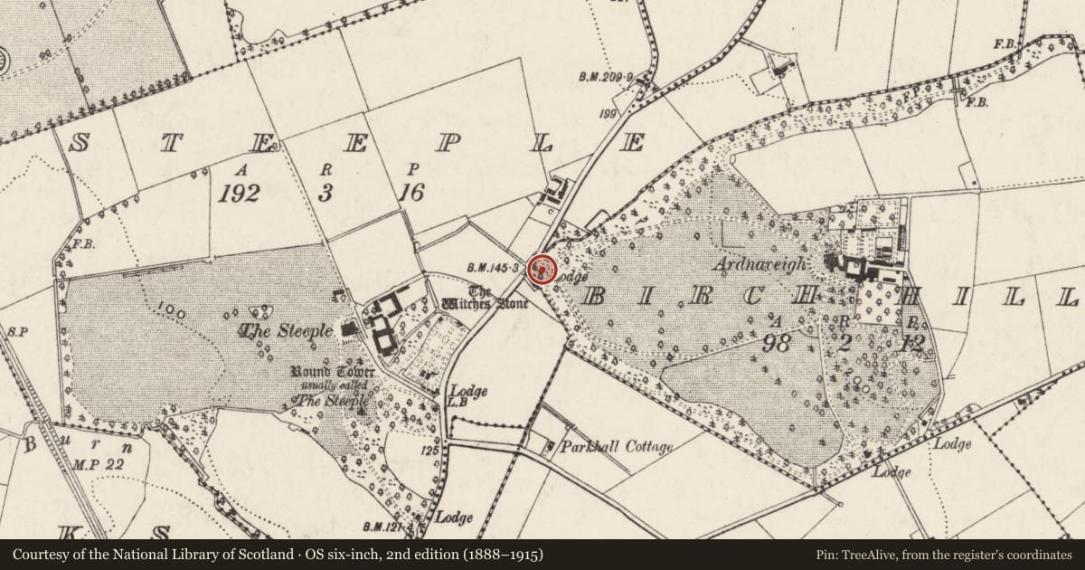 Ordnance Survey six-inch map, 2nd edition (1888–1915) covering the location of Ardnaveigh Cottage, Birch Hill, Antrim and Newtownabbey, with a pin at the register's coordinates