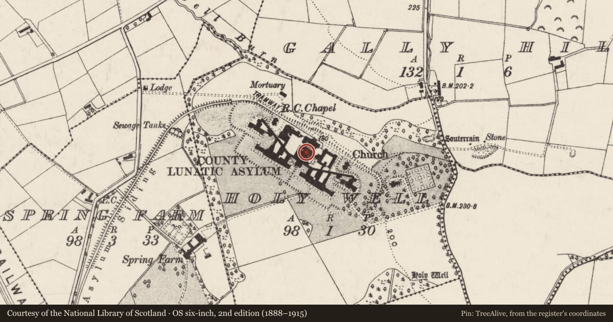 Ordnance Survey six-inch map, 2nd edition (1888–1915) covering the location of Holywell Hospital, Holy Well, Antrim and Newtownabbey, with a pin at the register's coordinates