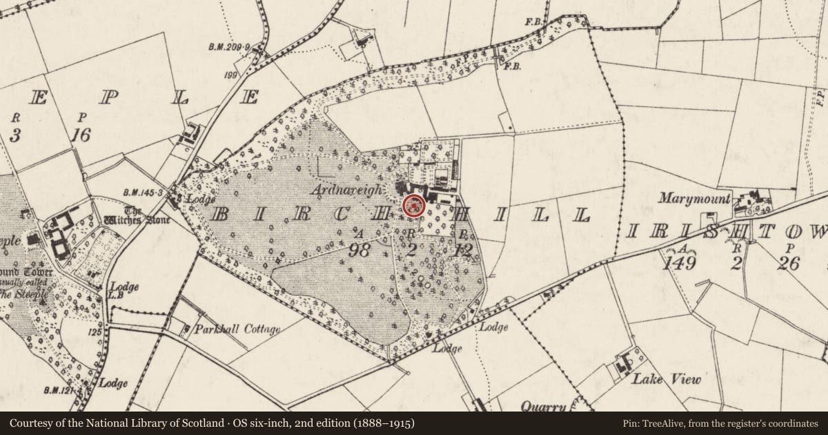 Ordnance Survey six-inch map, 2nd edition (1888–1915) covering the location of Ardnaveigh, Birch Hill, Antrim and Newtownabbey, with a pin at the register's coordinates