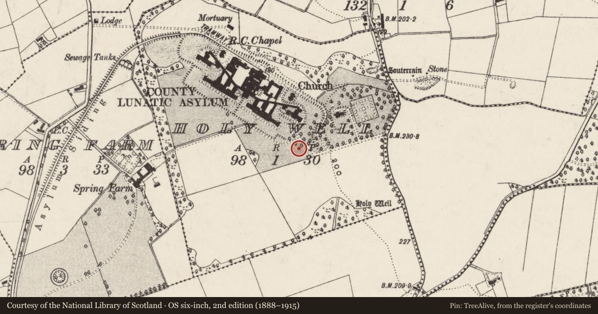 Ordnance Survey six-inch map, 2nd edition (1888–1915) covering the location of The Villa, Holy Well, Antrim and Newtownabbey, with a pin at the register's coordinates