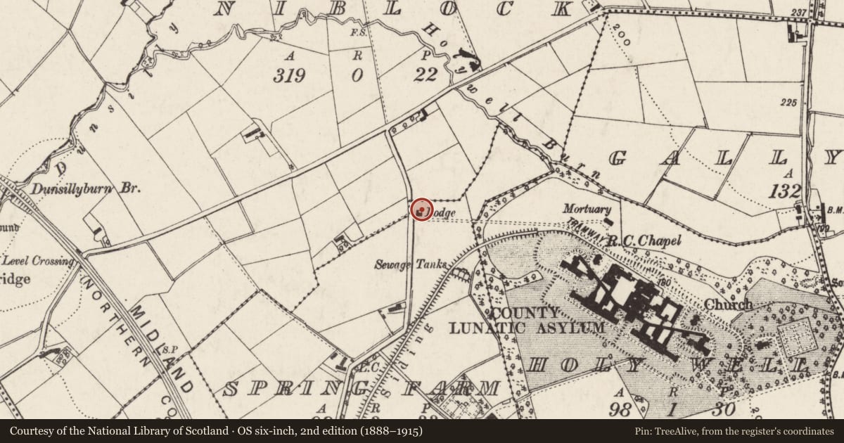 Ordnance Survey six-inch map, 2nd edition (1888–1915) covering the location of 71 Spring Farm Road, Antrim and Newtownabbey, with a pin at the register's coordinates
