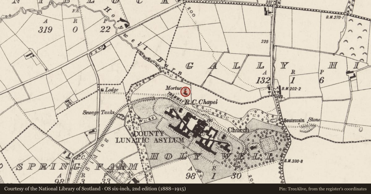 Ordnance Survey six-inch map, 2nd edition (1888–1915) covering the location of The Mortuary, Holy Well, Antrim and Newtownabbey, with a pin at the register's coordinates