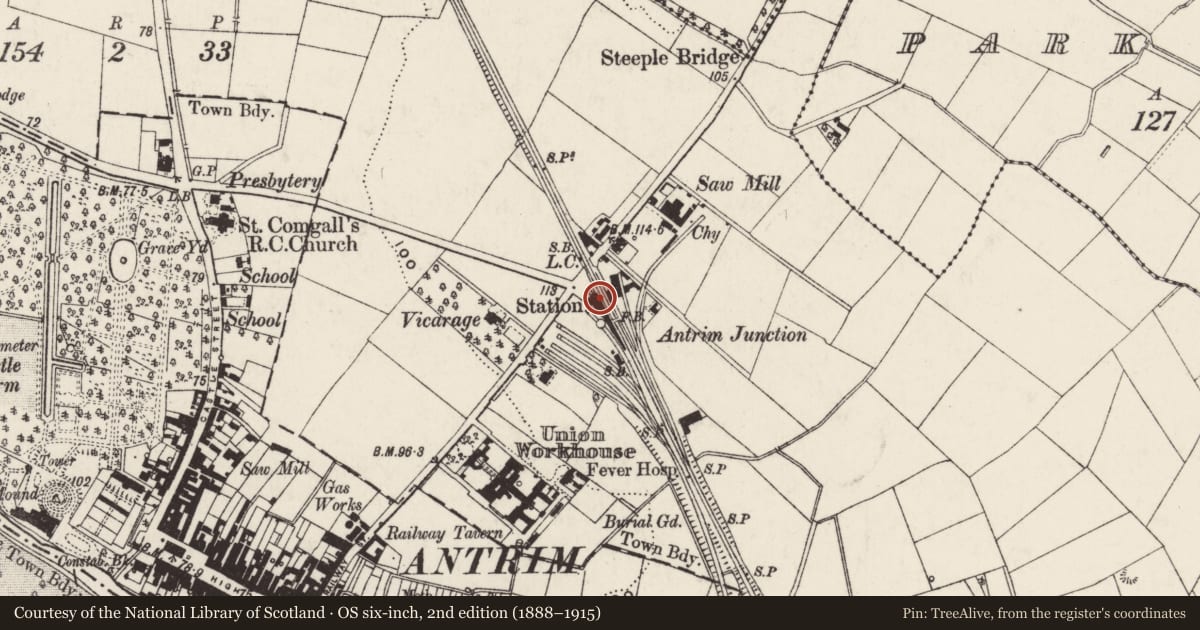 Ordnance Survey six-inch map, 2nd edition (1888–1915) covering the location of Antrim Railway Station, Town Parks, Antrim and Newtownabbey, with a pin at the register's coordinates