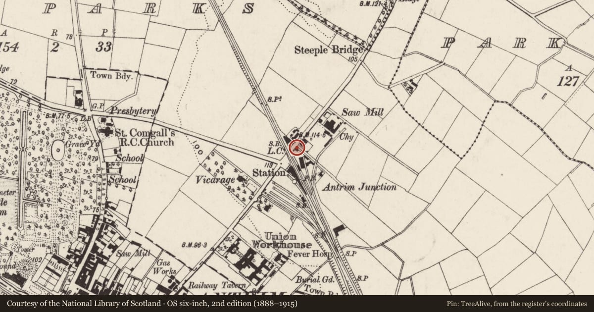 Ordnance Survey six-inch map, 2nd edition (1888–1915) covering the location of Former goods yard office, Town Parks, Antrim and Newtownabbey, with a pin at the register's coordinates