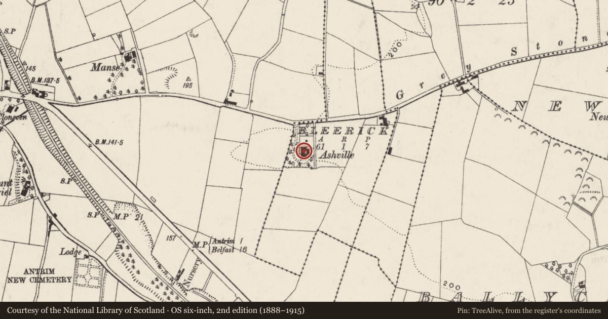 Ordnance Survey six-inch map, 2nd edition (1888–1915) covering the location of Ashville, Bleerick, Antrim and Newtownabbey, with a pin at the register's coordinates