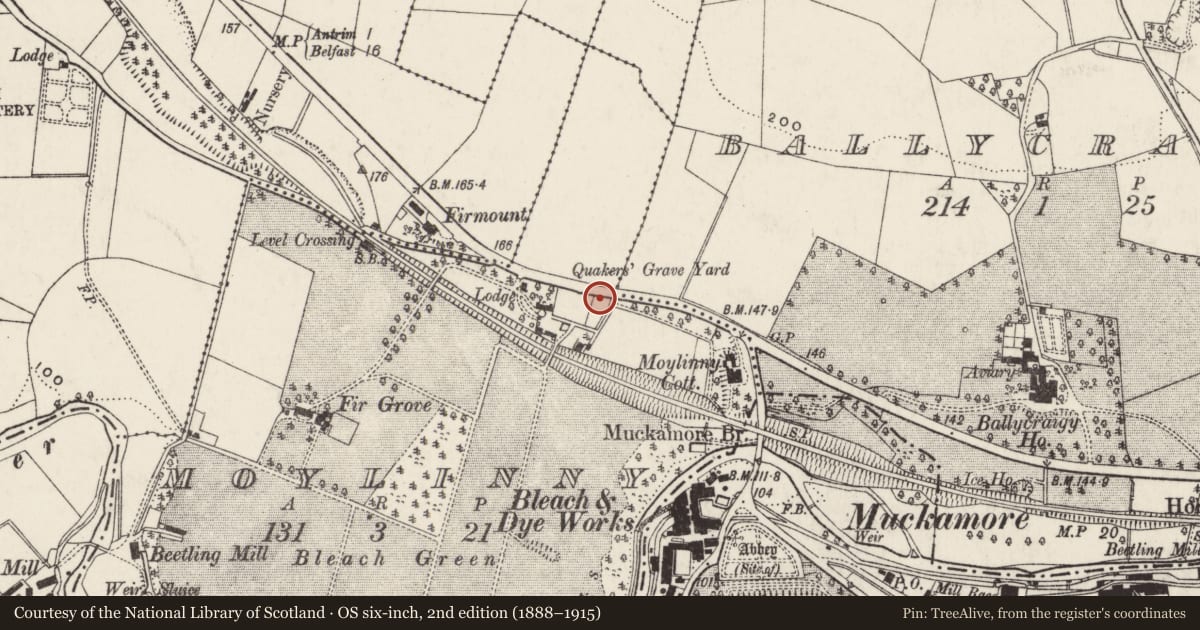Ordnance Survey six-inch map, 2nd edition (1888–1915) covering the location of Gateway and walling of Quaker Graveyard, Moylinny, Antrim and Newtownabbey, with a pin at the register's coordinates