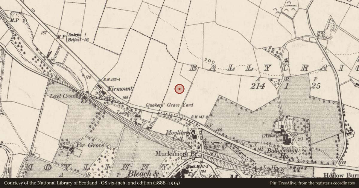 Ordnance Survey six-inch map, 2nd edition (1888–1915) covering the location of The Grange, Ballycraigy, Antrim and Newtownabbey, with a pin at the register's coordinates