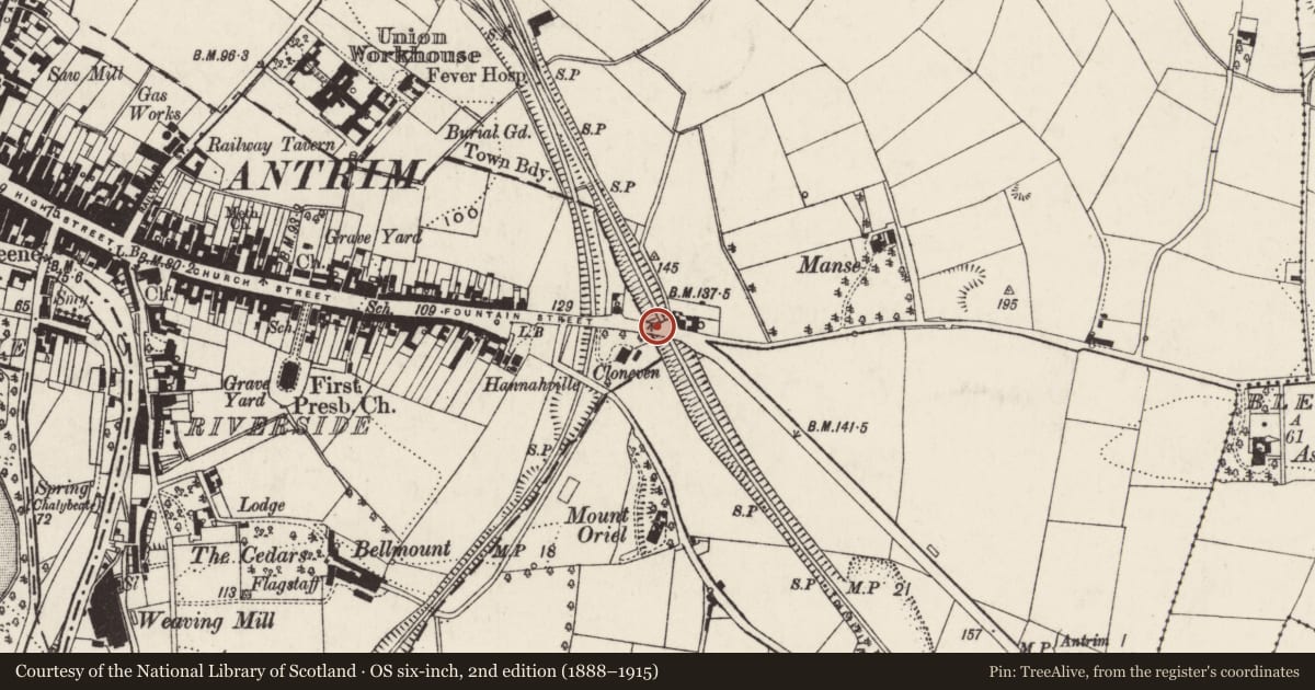 Ordnance Survey six-inch map, 2nd edition (1888–1915) covering the location of Bridge over railway, Bleerick, Antrim and Newtownabbey, with a pin at the register's coordinates