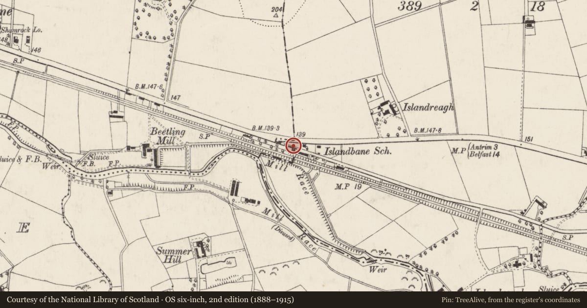 Ordnance Survey six-inch map, 2nd edition (1888–1915) covering the location of Coaching House, Islandbane, Antrim and Newtownabbey, with a pin at the register's coordinates