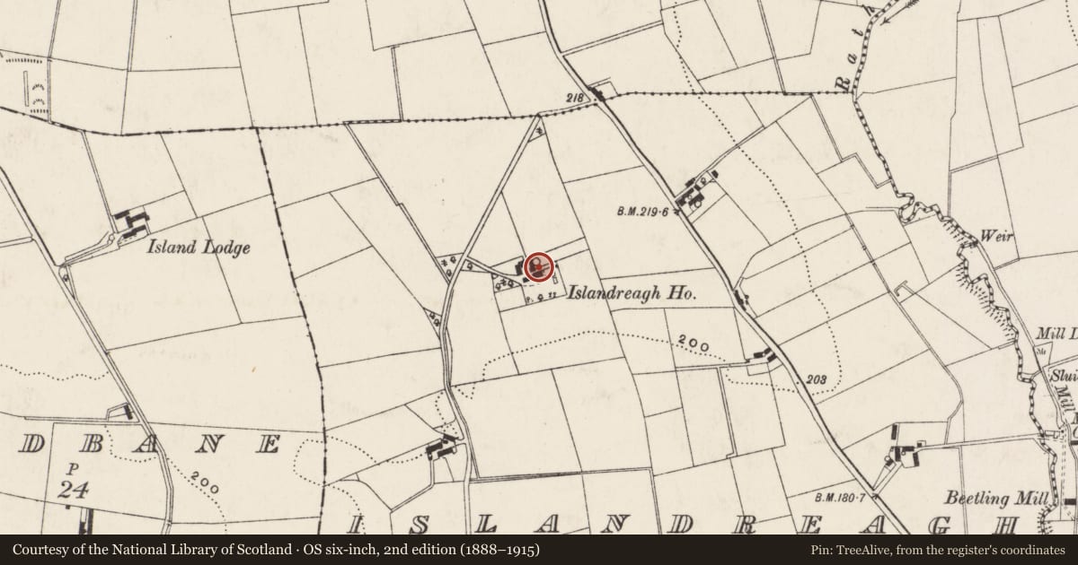 Ordnance Survey six-inch map, 2nd edition (1888–1915) covering the location of Islandreagh House, Antrim and Newtownabbey, with a pin at the register's coordinates