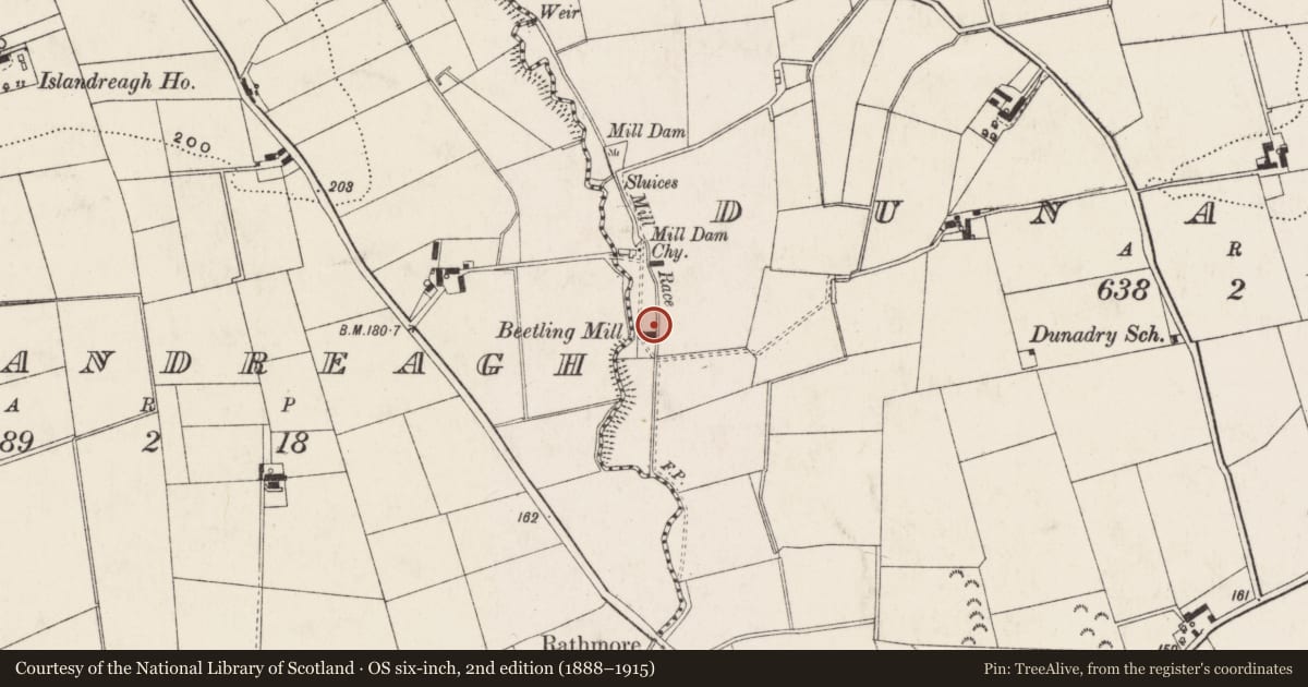 Ordnance Survey six-inch map, 2nd edition (1888–1915) covering the location of Former Mill and Wheel, Dunadry, Antrim and Newtownabbey, with a pin at the register's coordinates