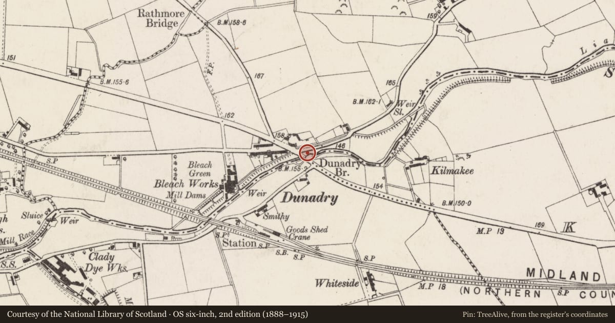 Ordnance Survey six-inch map, 2nd edition (1888–1915) covering the location of Dunadry Bridge, Antrim and Newtownabbey, with a pin at the register's coordinates