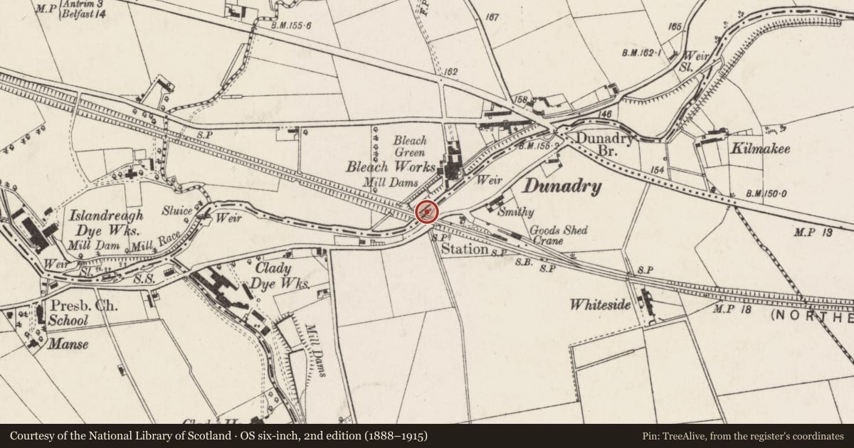 Ordnance Survey six-inch map, 2nd edition (1888–1915) covering the location of Railway Bridge, Dunadry/Straidballymorris, Antrim and Newtownabbey, with a pin at the register's coordinates