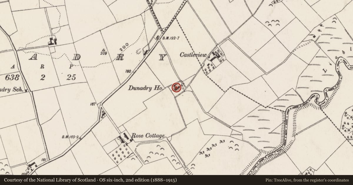 Ordnance Survey six-inch map, 2nd edition (1888–1915) covering the location of Dunadry House, Antrim and Newtownabbey, with a pin at the register's coordinates