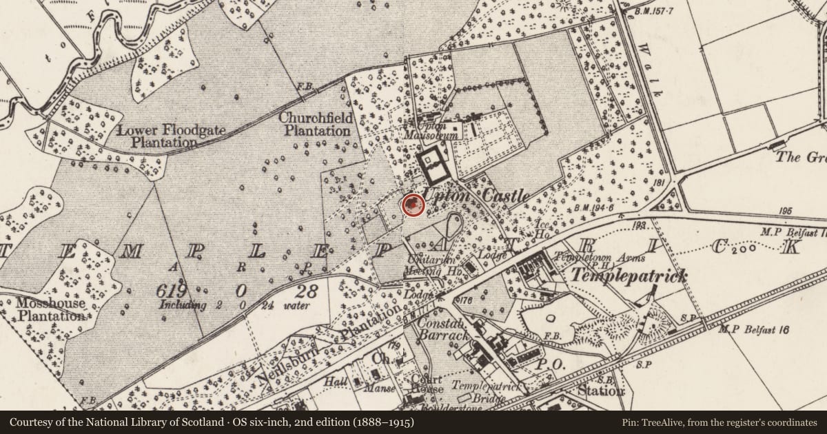 Ordnance Survey six-inch map, 2nd edition (1888–1915) covering the location of Castle Upton, Antrim Road, Templepatrick, Co Antrim, BT39 0AH, Antrim and Newtownabbey, with a pin at the register's coordinates