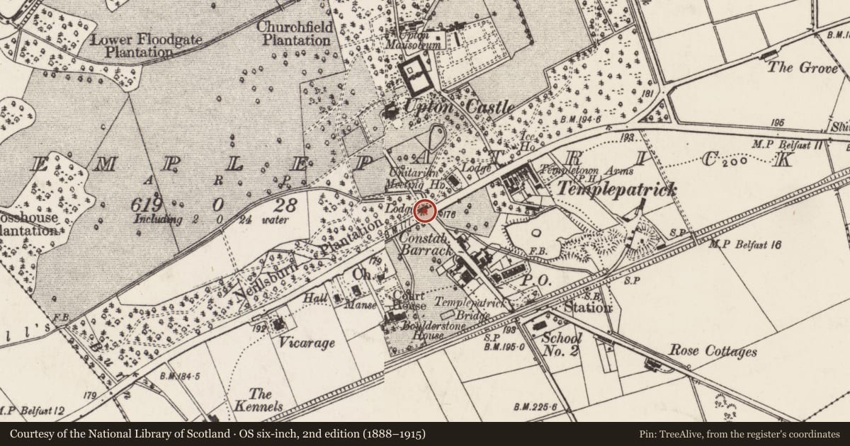 Ordnance Survey six-inch map, 2nd edition (1888–1915) covering the location of Entrance Gate & Lodges, Templepatrick, Antrim and Newtownabbey, with a pin at the register's coordinates