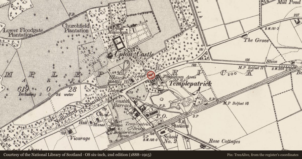 Ordnance Survey six-inch map, 2nd edition (1888–1915) covering the location of The Lodge, Templepatrick, Antrim and Newtownabbey, with a pin at the register's coordinates
