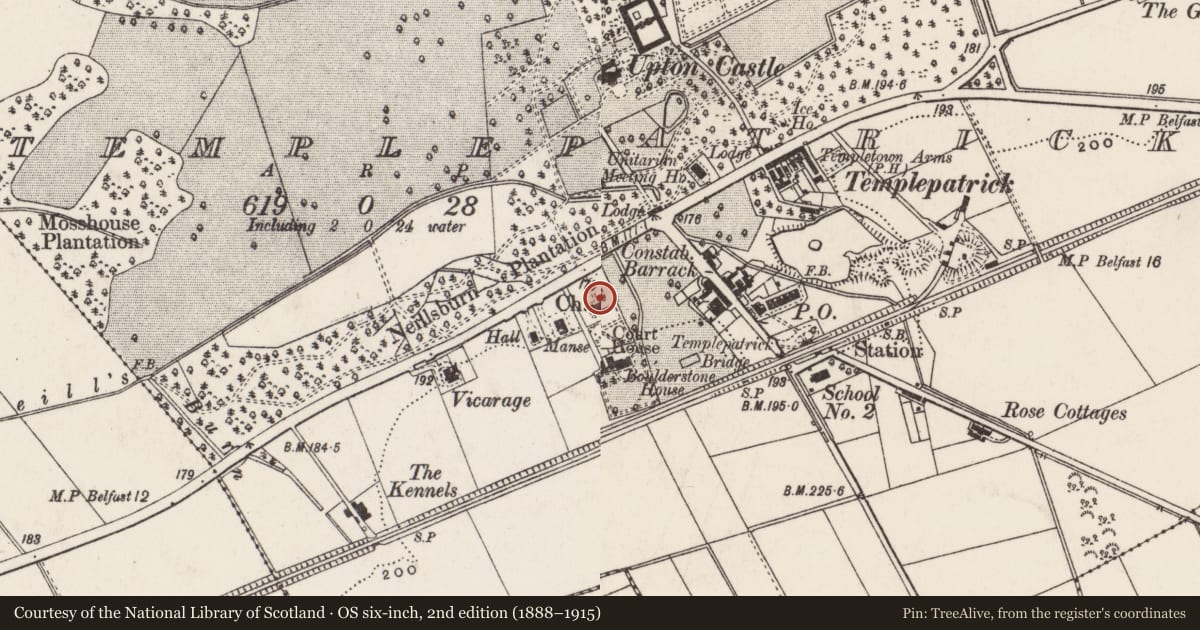 Ordnance Survey six-inch map, 2nd edition (1888–1915) covering the location of St Patrick's Church of Ireland Church, Templepatrick, Antrim and Newtownabbey, with a pin at the register's coordinates