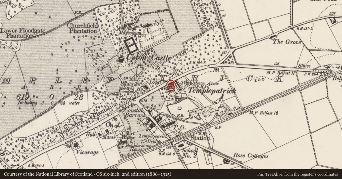 Ordnance Survey six-inch map, 2nd edition (1888–1915) covering the location of 888 Antrim Road, Templepatrick, Antrim and Newtownabbey, with a pin at the register's coordinates