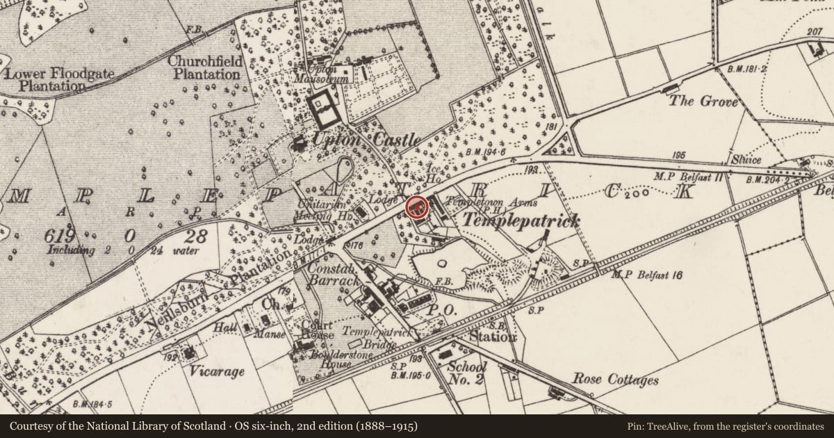 Ordnance Survey six-inch map, 2nd edition (1888–1915) covering the location of 890 Antrim Road, Templepatrick, Antrim and Newtownabbey, with a pin at the register's coordinates