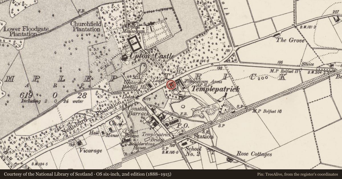 Ordnance Survey six-inch map, 2nd edition (1888–1915) covering the location of 892 Antrim Road, Templepatrick, Antrim and Newtownabbey, with a pin at the register's coordinates