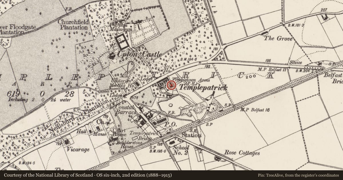 Ordnance Survey six-inch map, 2nd edition (1888–1915) covering the location of The Pig 'N' Chicken Roadhouse, Templepatrick, Antrim and Newtownabbey, with a pin at the register's coordinates