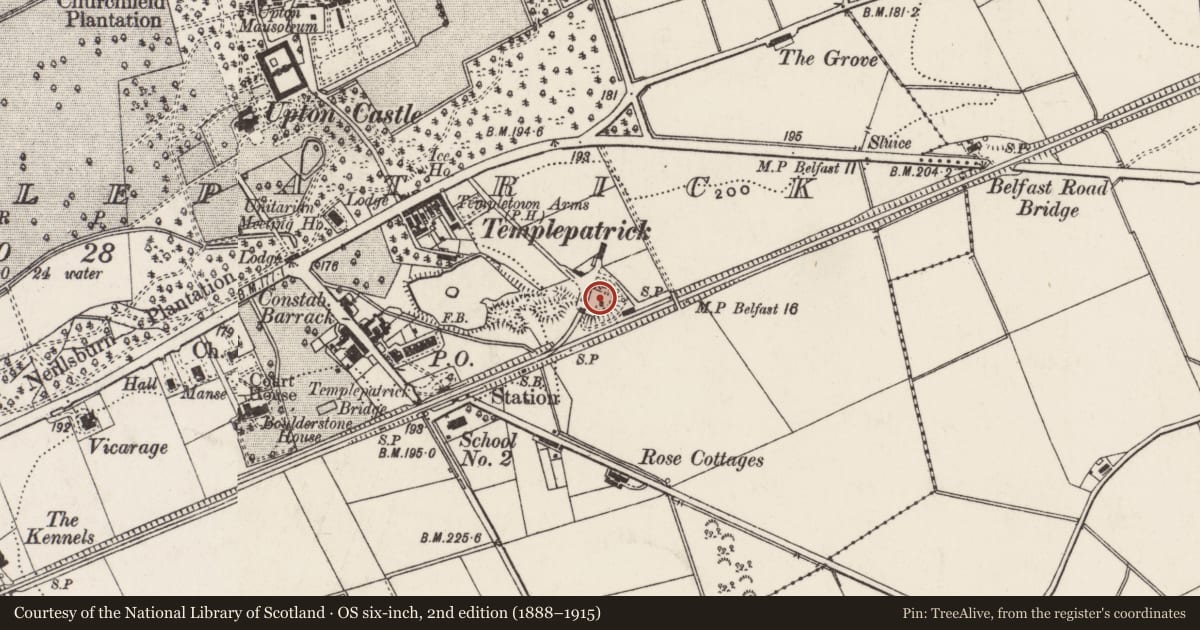 Ordnance Survey six-inch map, 2nd edition (1888–1915) covering the location of Limekilns (site of), Templepatrick, Antrim and Newtownabbey, with a pin at the register's coordinates