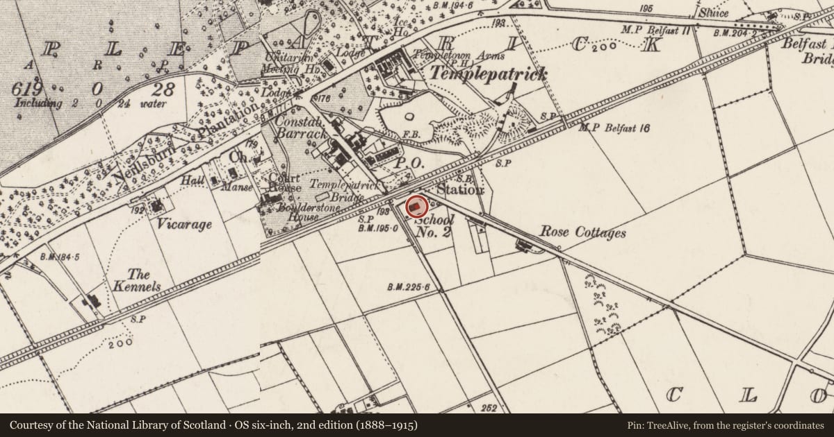 Ordnance Survey six-inch map, 2nd edition (1888–1915) covering the location of Parish Hall, Antrim and Newtownabbey, with a pin at the register's coordinates