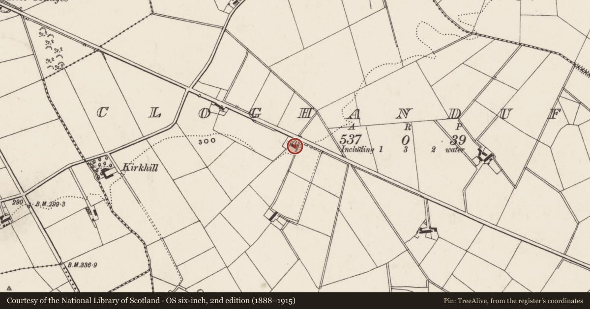 Ordnance Survey six-inch map, 2nd edition (1888–1915) covering the location of 43 Coach Road, Cloghanduff, Antrim and Newtownabbey, with a pin at the register's coordinates