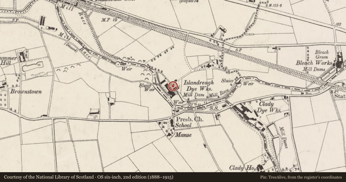 Ordnance Survey six-inch map, 2nd edition (1888–1915) covering the location of Islandreagh Dyeing and Finishing Company, Antrim and Newtownabbey, with a pin at the register's coordinates