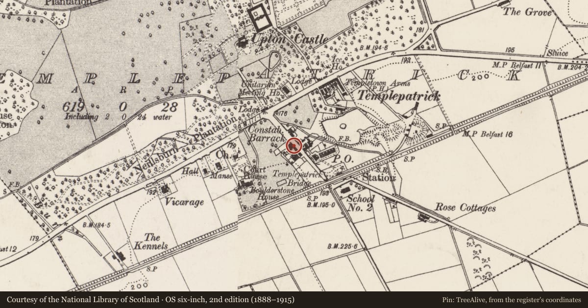 Ordnance Survey six-inch map, 2nd edition (1888–1915) covering the location of 7 The Village, Templepatrick, Antrim and Newtownabbey, with a pin at the register's coordinates