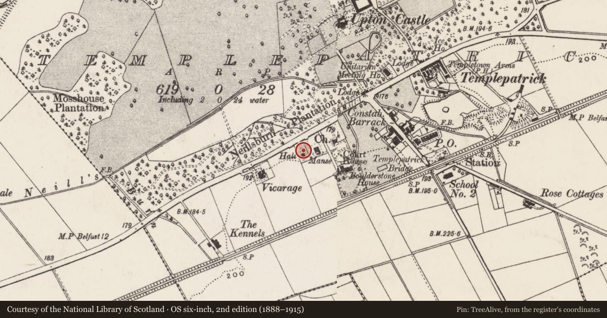 Ordnance Survey six-inch map, 2nd edition (1888–1915) covering the location of Masonic Hall, Templepatrick, Antrim and Newtownabbey, with a pin at the register's coordinates