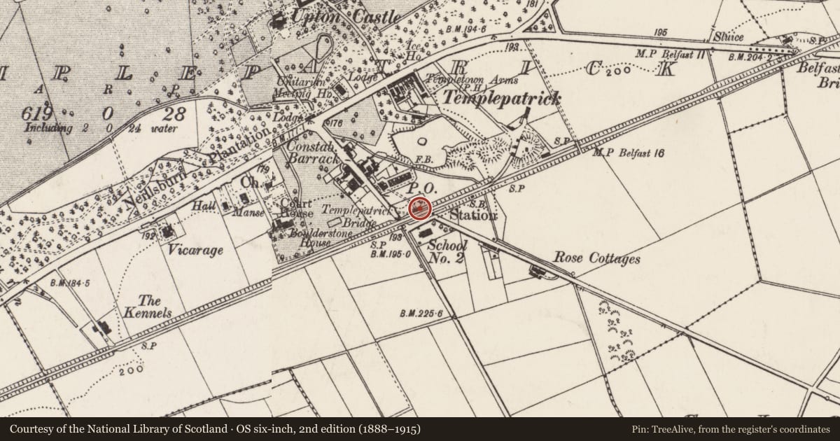 Ordnance Survey six-inch map, 2nd edition (1888–1915) covering the location of Templepatrick Railway Station, Antrim and Newtownabbey, with a pin at the register's coordinates